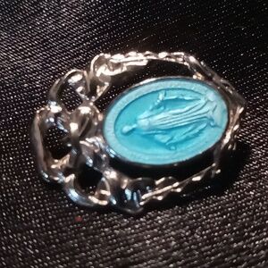 Men's vintage sterling silver & blue enamel mother teresa pray for us lapel pin.